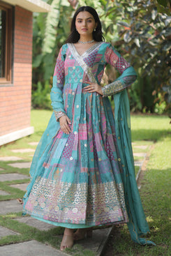 Admyrin Sky Blue Russian Silk Traditional Function Wear Semi-stitched Gown With Dupatta