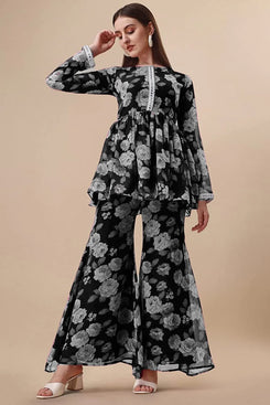 Admyrin Black Georgette Printed Designer Party Wear Readymade Top With Sharara