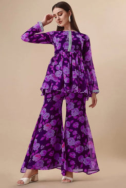 Admyrin Purple Georgette Printed Designer Party Wear Readymade Top With Sharara