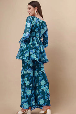 Admyrin Rama Green Georgette Printed Designer Party Wear Readymade Top With Sharara