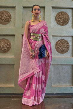 Admyrin Magenta Chickankari Lucknowi Sequince Work Woven Party Wear Saree with Blouse Piece