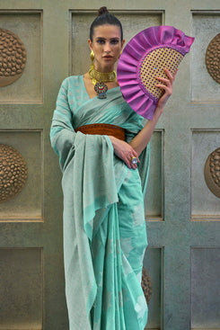 Admyrin Aqua Green Chickankari Lucknowi Sequince Work Woven Party Wear Saree with Blouse Piece