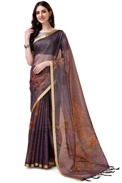 Beautiful Admyrin Partywear Digitally Printed Zari Border Organza Saree with Blouse Piece
