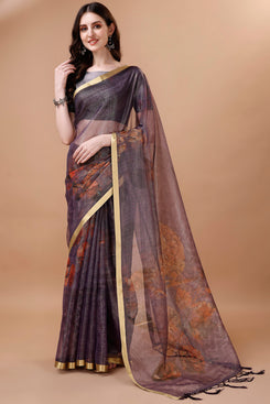 Beautiful Admyrin Partywear Digitally Printed Zari Border Organza Saree with Blouse Piece