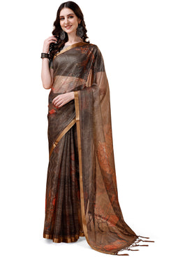 Beautiful Admyrin Partywear Digitally Printed Zari Border Organza Saree with Blouse Piece