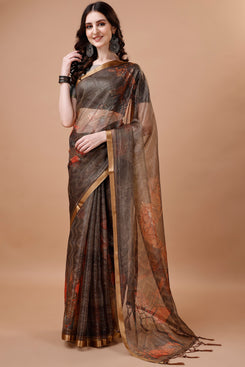 Beautiful Admyrin Partywear Digitally Printed Zari Border Organza Saree with Blouse Piece