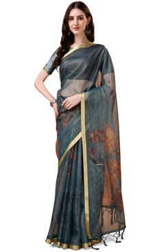 Beautiful Admyrin Partywear Digitally Printed Zari Border Organza Saree with Blouse Piece