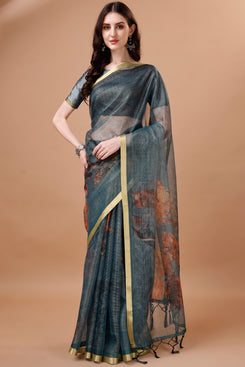Beautiful Admyrin Partywear Digitally Printed Zari Border Organza Saree with Blouse Piece
