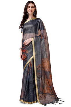 Beautiful Admyrin Partywear Digitally Printed Zari Border Organza Saree with Blouse Piece