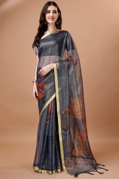 Beautiful Admyrin Partywear Digitally Printed Zari Border Organza Saree with Blouse Piece