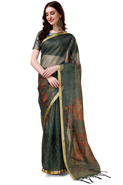 Beautiful Admyrin Partywear Digitally Printed Zari Border Organza Saree with Blouse Piece