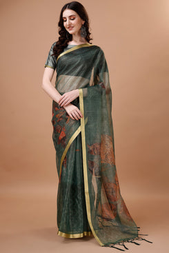 Beautiful Admyrin Partywear Digitally Printed Zari Border Organza Saree with Blouse Piece