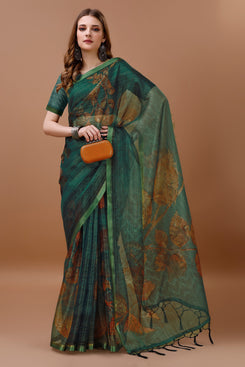 Beautiful Admyrin Partywear Digitally Printed Zari Border Organza Saree with Blouse Piece