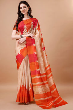 Bright & Beautiful Admyrin South Silk Digitally Printed Temple Border Saree with Blouse Piece