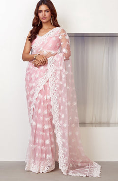 Admyrin Baby Pink Net Party Wear Chikankari Embroidered Saree with Blouse Piece
