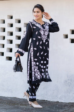 Admyrin Black Cotton Blend Embroidered Readymade Kurta With Pant Set