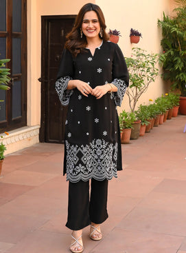 Admyrin Black Viscose Rayon Embroidered Readymade Kurta With Pant Set