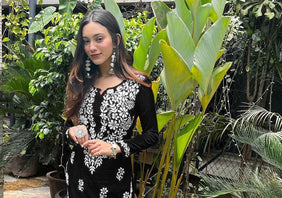 Admyrin Black Cotton Rayon Embroidered Readymade Kurta With Pant Set