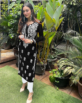 Admyrin Black Cotton Rayon Embroidered Readymade Kurta With Pant Set