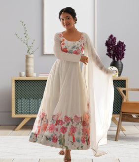 Admyrin White Georgette Classy Designer Floral Print Readymade Gown