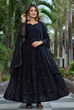 Admyrin Black Georgette Embroidered Stitched Anarkali Gown with Dupatta