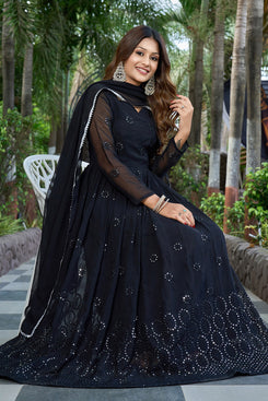 Admyrin Black Georgette Embroidered Stitched Anarkali Gown with Dupatta