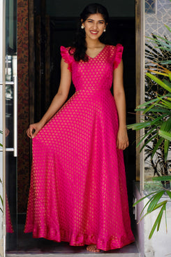 Admyrin Pink Jacquard Woven Stitched Anarkali Gown
