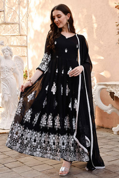 Admyrin Black Georgette Embroidered Stitched Anarkali Gown with Dupatta