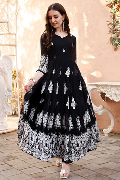 Admyrin Black Georgette Embroidered Stitched Anarkali Gown with Dupatta