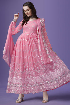 Admyrin Pink Georgette Embroidered Stitched Anarkali Gown with Dupatta