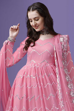Admyrin Pink Georgette Embroidered Stitched Anarkali Gown with Dupatta