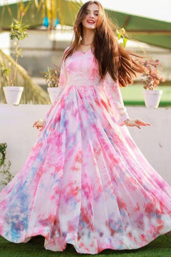 Admyrin Pink Georgette Printed Readymade Anarkali Gown