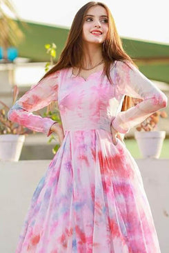 Admyrin Pink Georgette Printed Readymade Anarkali Gown