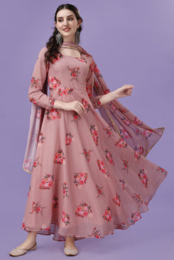 Admyrin Beige Georgette Printed Ready to Wear Anarkali Gown with Dupatta