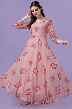 Admyrin Beige Georgette Printed Ready to Wear Anarkali Gown with Dupatta