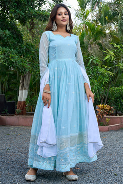 Admyrin Sky Blue Georgette Embroidered Stitched Anarkali Gown with Dupatta