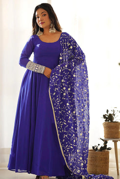Admyrin Royal Blue Georgette Embroidered Stitched Anarkali Gown with Dupatta