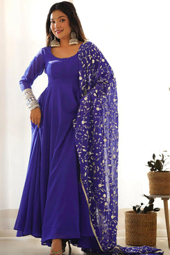 Admyrin Royal Blue Georgette Embroidered Stitched Anarkali Gown with Dupatta