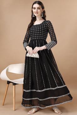 Admyrin Black Georgette Embroidered Readymade Anarkali Gown