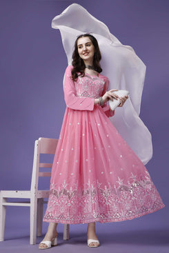 Admyrin Pink Georgette Embroidered Stitched Anarkali Gown with Dupatta