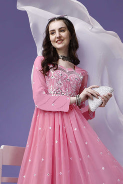 Admyrin Pink Georgette Embroidered Stitched Anarkali Gown with Dupatta
