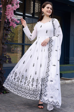 Admyrin White Georgette Embroidered Stitched Anarkali Gown with Dupatta