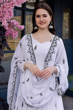 Admyrin White Georgette Embroidered Stitched Anarkali Gown with Dupatta