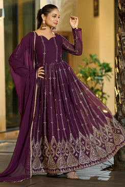 Admyrin Purple Georgette Embroidered Stitched Anarkali Gown with Dupatta