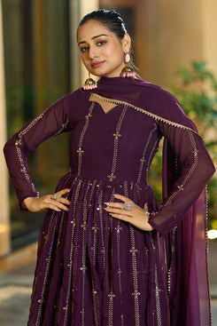 Admyrin Purple Georgette Embroidered Stitched Anarkali Gown with Dupatta