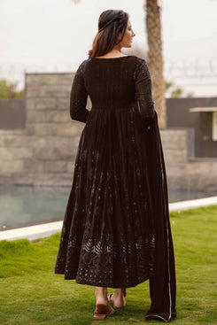 Admyrin Black & Grey Georgette Embroidered Stitched Anarkali Gown with Dupatta