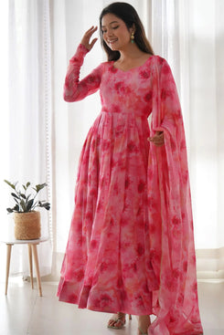 Admyrin Pink Georgette Printed Ready to Wear Anarkali Gown with Dupatta
