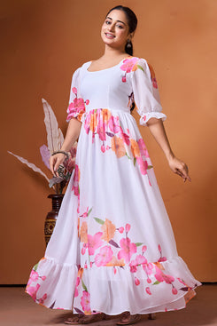 Admyrin White Georgette Printed Readymade Anarkali Gown