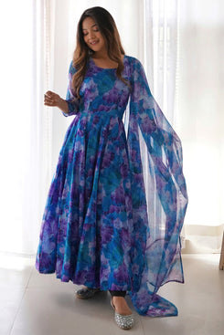 Admyrin Purple Georgette Printed Ready to Wear Anarkali Gown with Dupatta