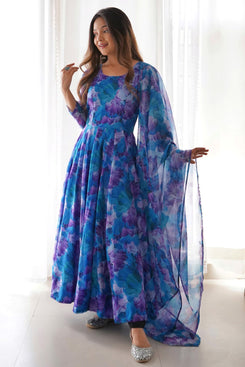 Admyrin Purple Georgette Printed Ready to Wear Anarkali Gown with Dupatta